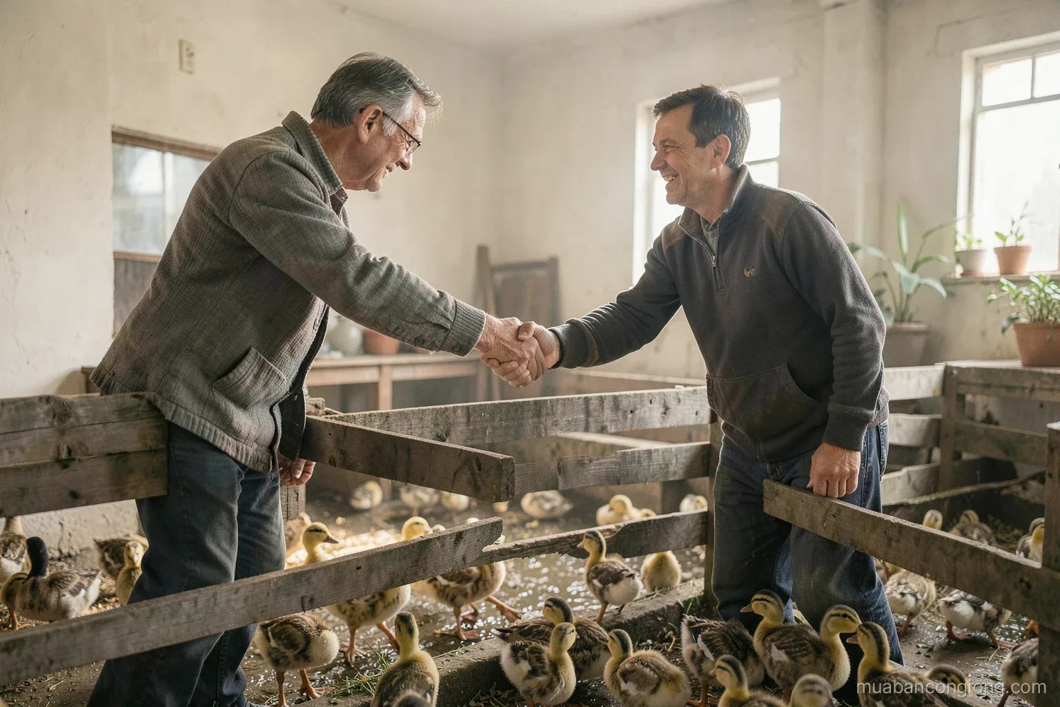 Two farmers shaking hands across a low wooden fence of a duck pen, ducklings milling below, seen from a low side angle, soft morning haze