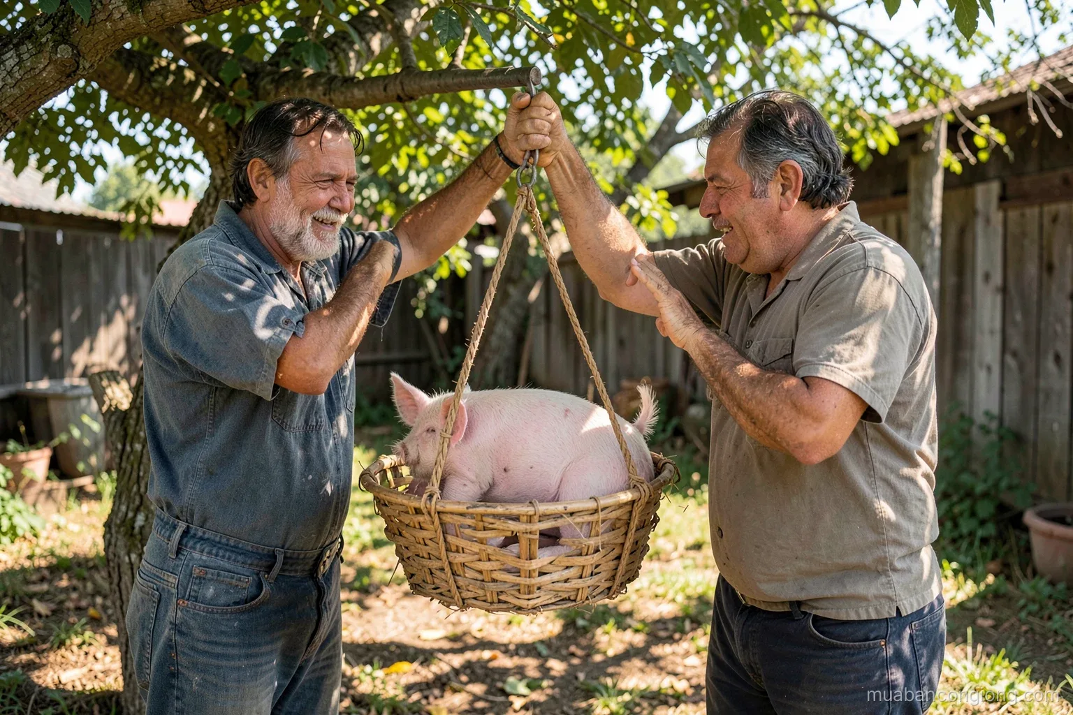 A farmer weighing a young pig in a bamboo basket hanging from a hand scale under a tree, another farmer steadying it, dappled afternoon light, rural backyard