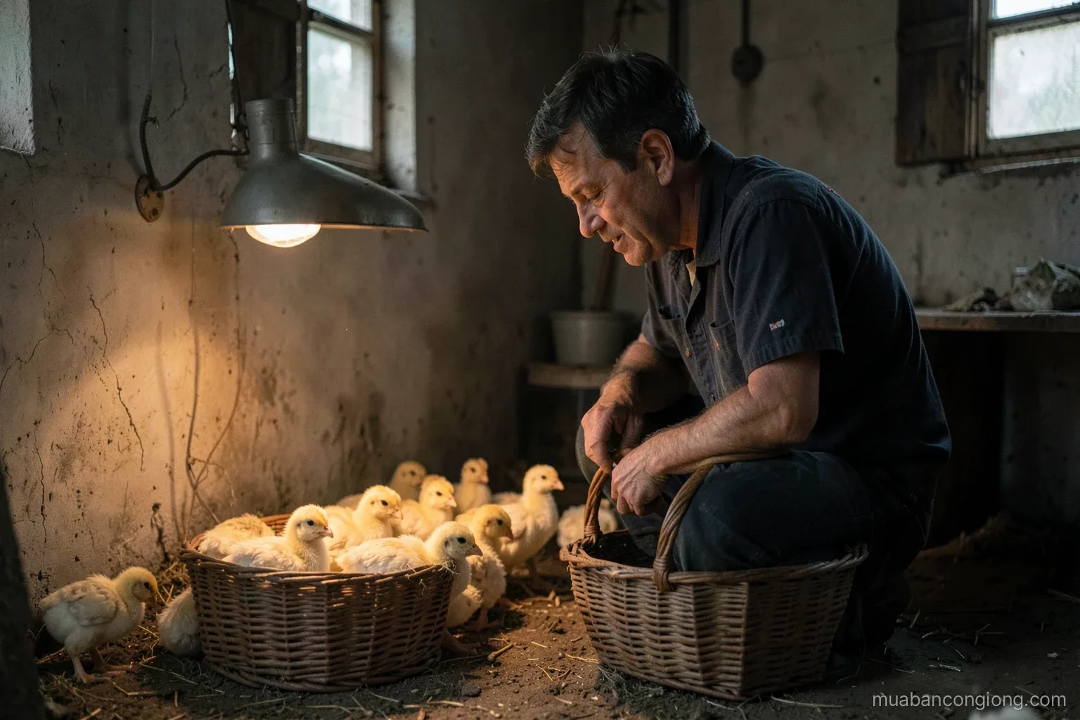 A farmer kneeling in a small brooding pen with a wicker basket, looking down at a group of resting chicks under a warm heat lamp, dim barn interior, muted tones