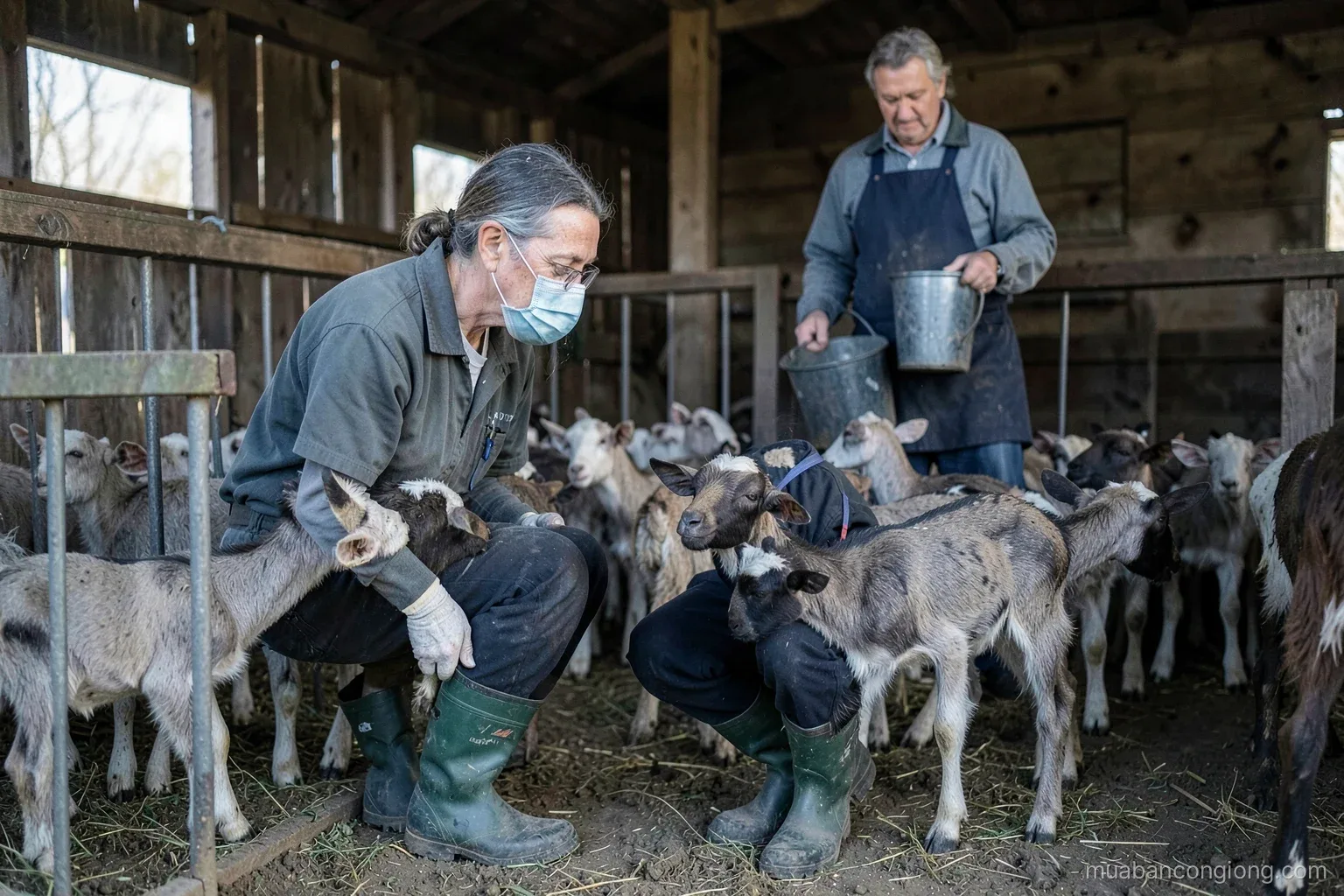 A veterinarian in rubber boots and mask crouching beside a pen of young goats inside a simple wooden barn, farmer standing behind holding a bucket, cool morning light
