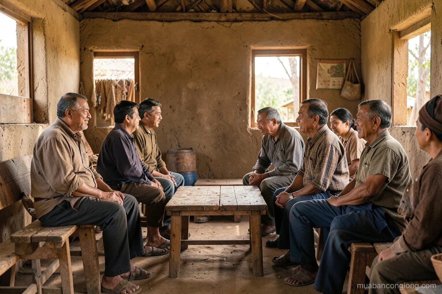 A small group of villagers seated on wooden benches in an open-air community house, two men facing each other across a low table, others listening, warm afternoon light