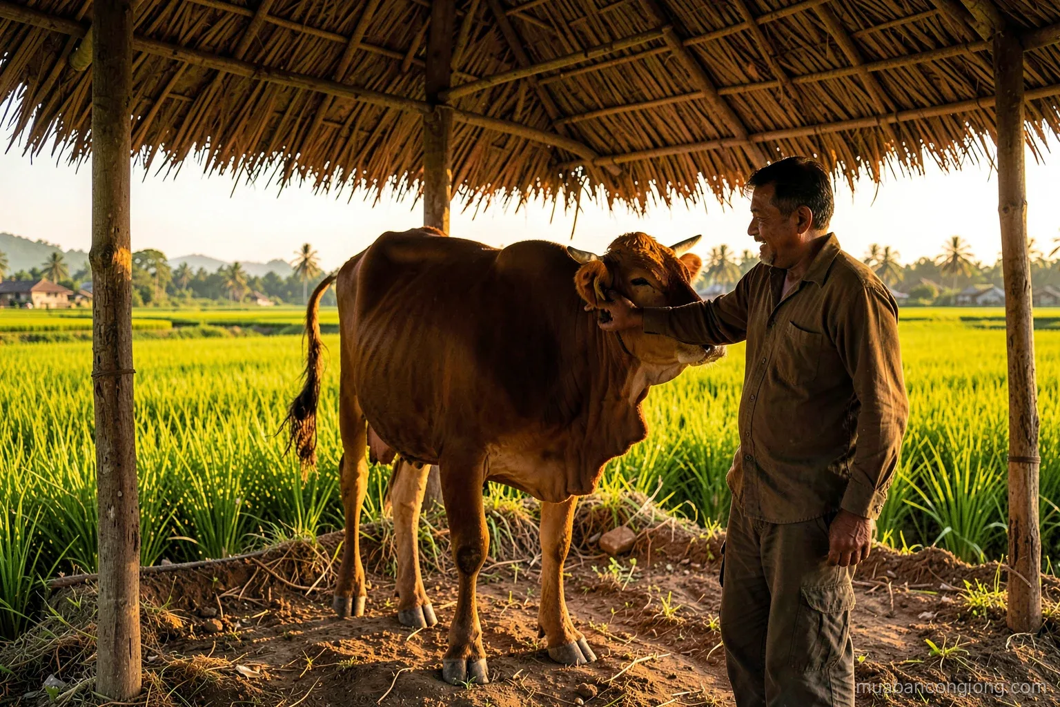 A brown cow standing in a shaded thatched shelter beside rice fields, a farmer gently placing a hand on its side, wide angle, golden late afternoon light