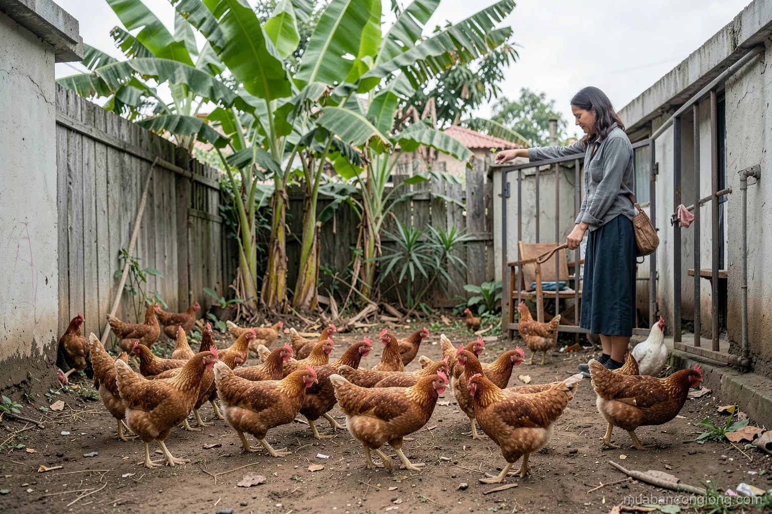 A flock of young brown hens and a few roosters scratching in a fenced backyard under banana trees, a woman counting them from the gate, soft overcast light