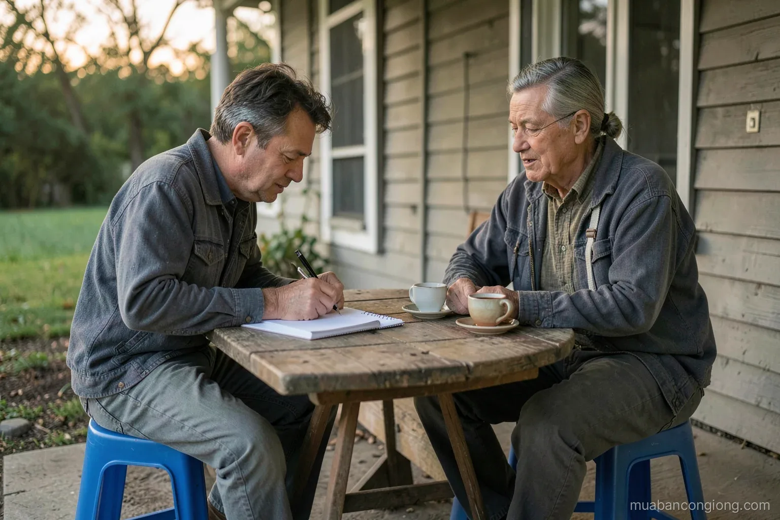 Two farmers sitting on plastic stools at a low table on a farmhouse porch, one writing on a blank notepad, the other listening, cups of tea, soft evening light